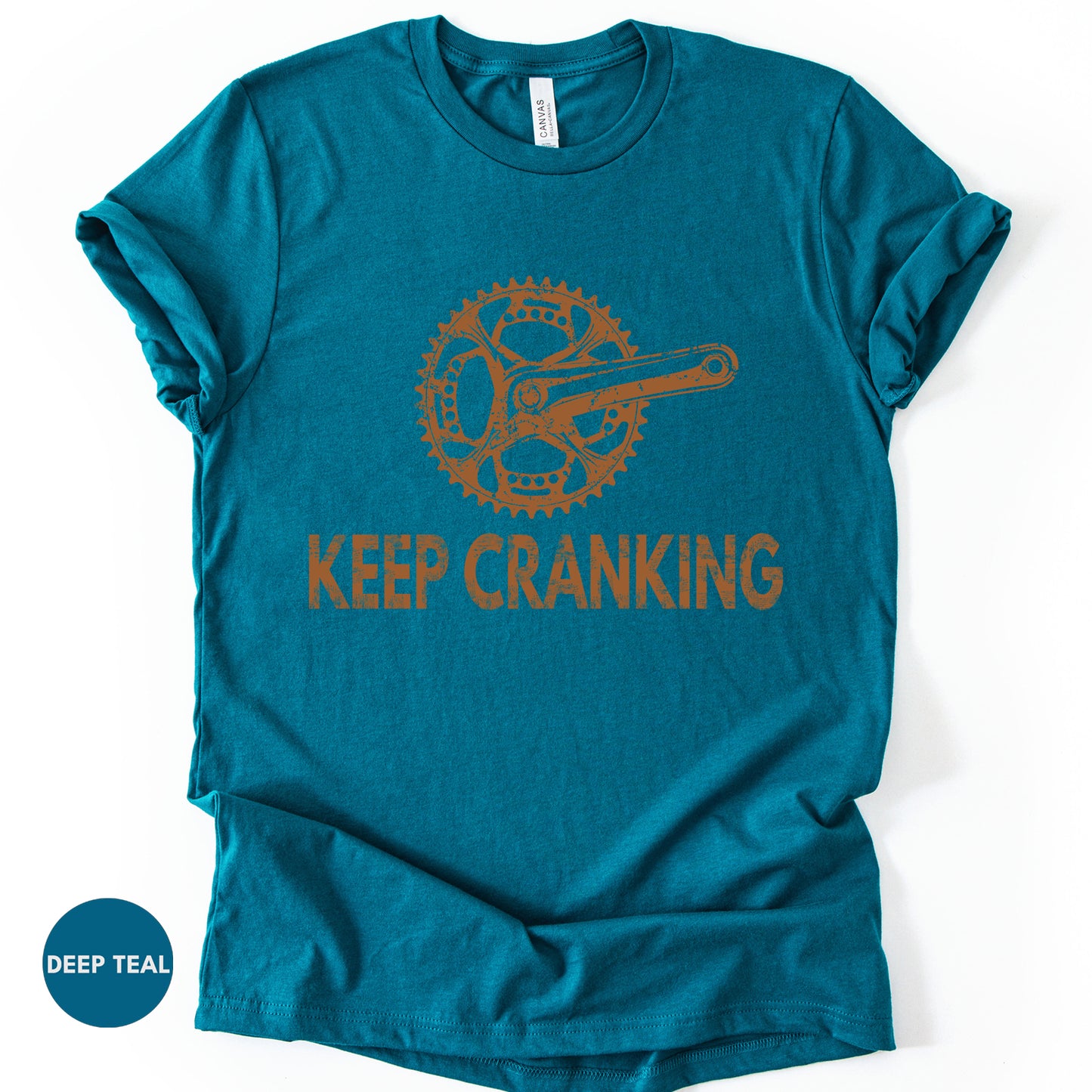 Vintage Bicycle Crankset Tee, "Keep Cranking" Motivational Shirt.
