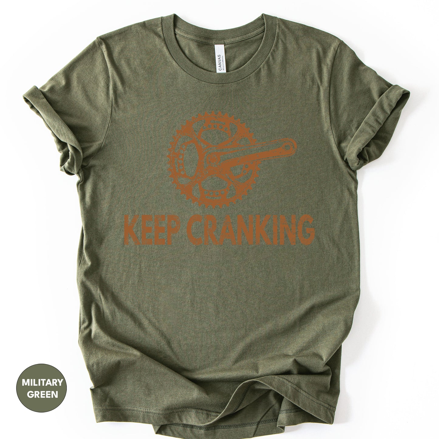 Vintage Bicycle Crankset Tee, "Keep Cranking" Motivational Shirt.