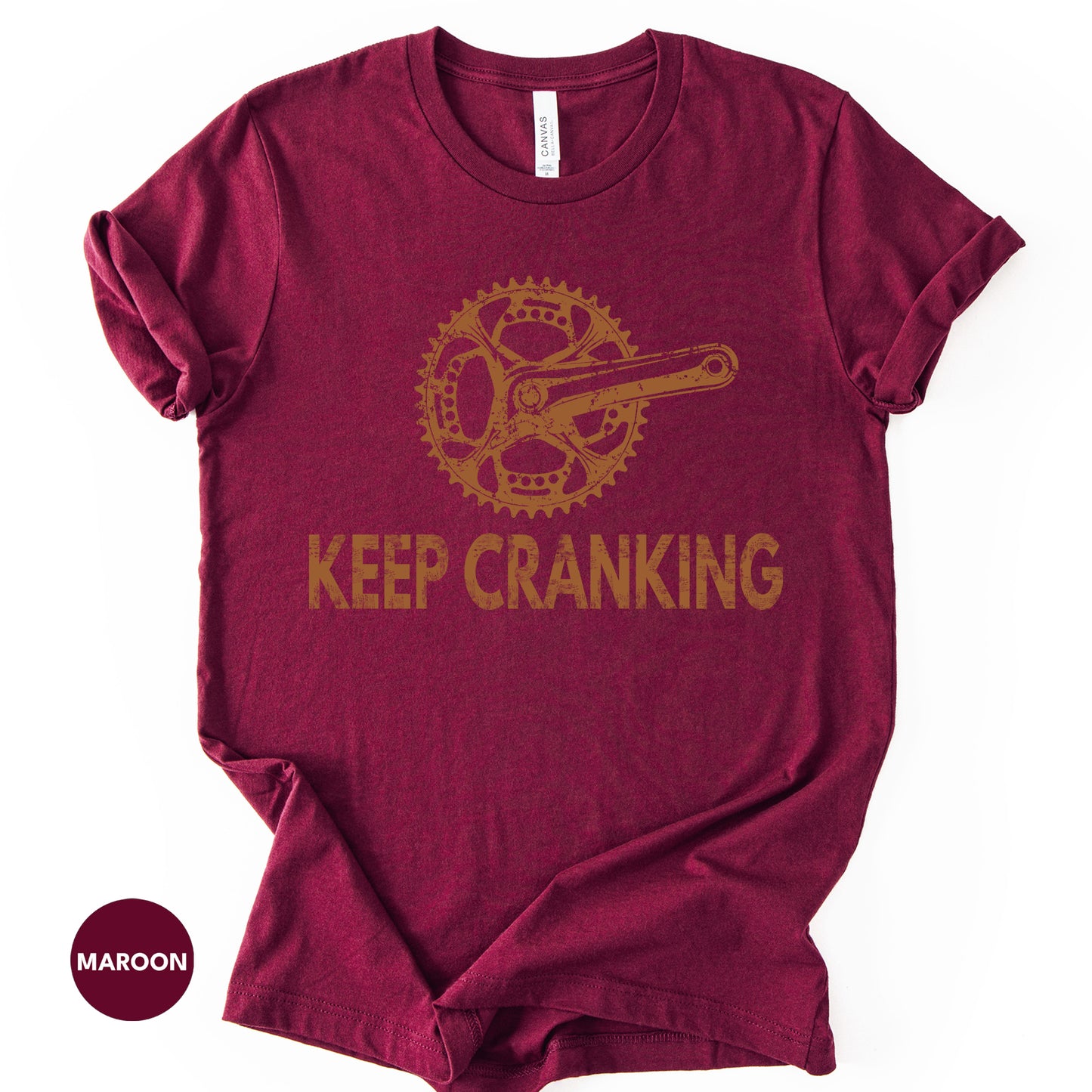 Vintage Bicycle Crankset Tee, "Keep Cranking" Motivational Shirt.